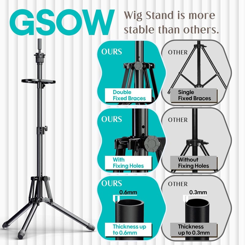 GSOW حامل شعر ثلاثي القوائم - حامل رأس دمية معدني معزز مع صينية أدوات، ارتفاع قابل للتعديل 31" - 57" لحامل رأس الشعر لتصفيف الشعر وتدريب التجميل مع قبعات الشعر ودبابيس T ومشابك الشعر - Image 3